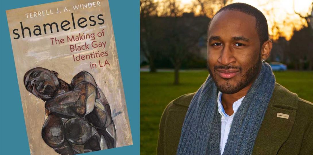 Terrell Winder and the cover of his book, Shameless: The Making of Black Gay Identities in LA